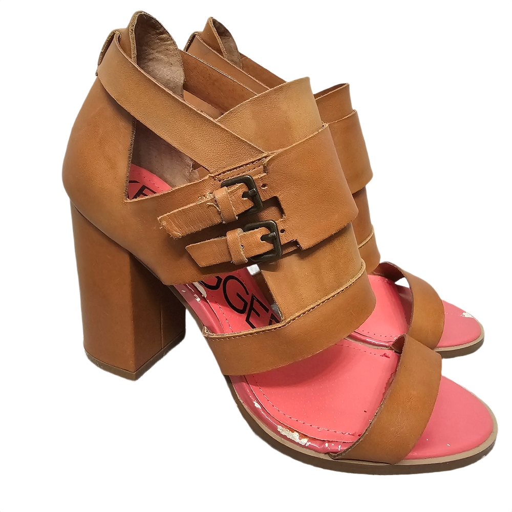 Kelsi Dagger Gina Belted Cut Out Leather Block Heel Sandals Brown Size 9